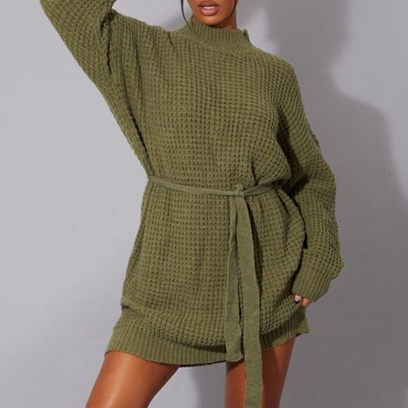 Khaki Soft Belted Knitted Sweater Dress - Picture 1 of 8